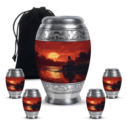 Rich Red Fishing Cremation Urn detail view - royal fishing engraving with decorative scrollwork - memorial set with one large and four small urns