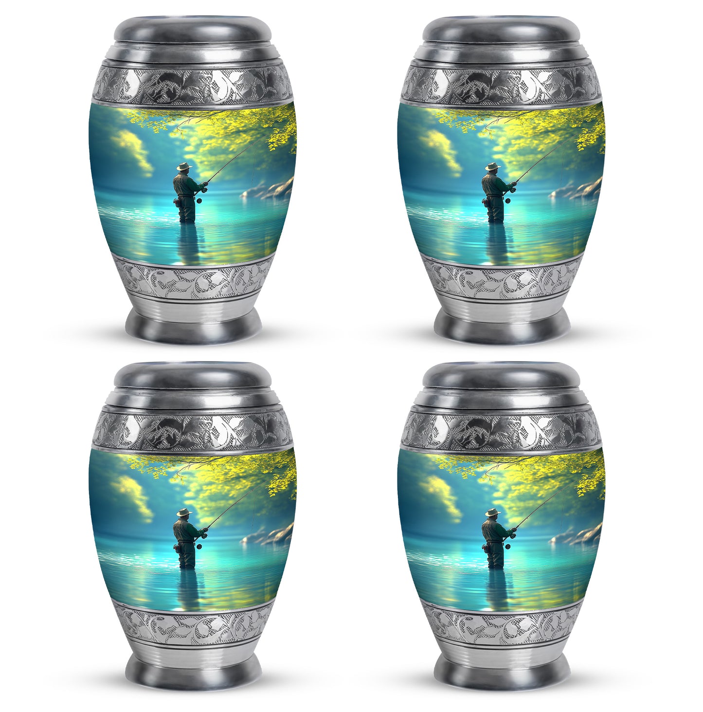 Deep Teal Fishing Cremation Urn urn with complimentary velvet bag - majestic fishing pattern with filigree border - 10 inch aluminum urn for cremated remains