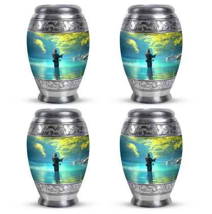 Deep Teal Fishing Cremation Urn urn with complimentary velvet bag - majestic fishing pattern with filigree border - 10 inch aluminum urn for cremated remains