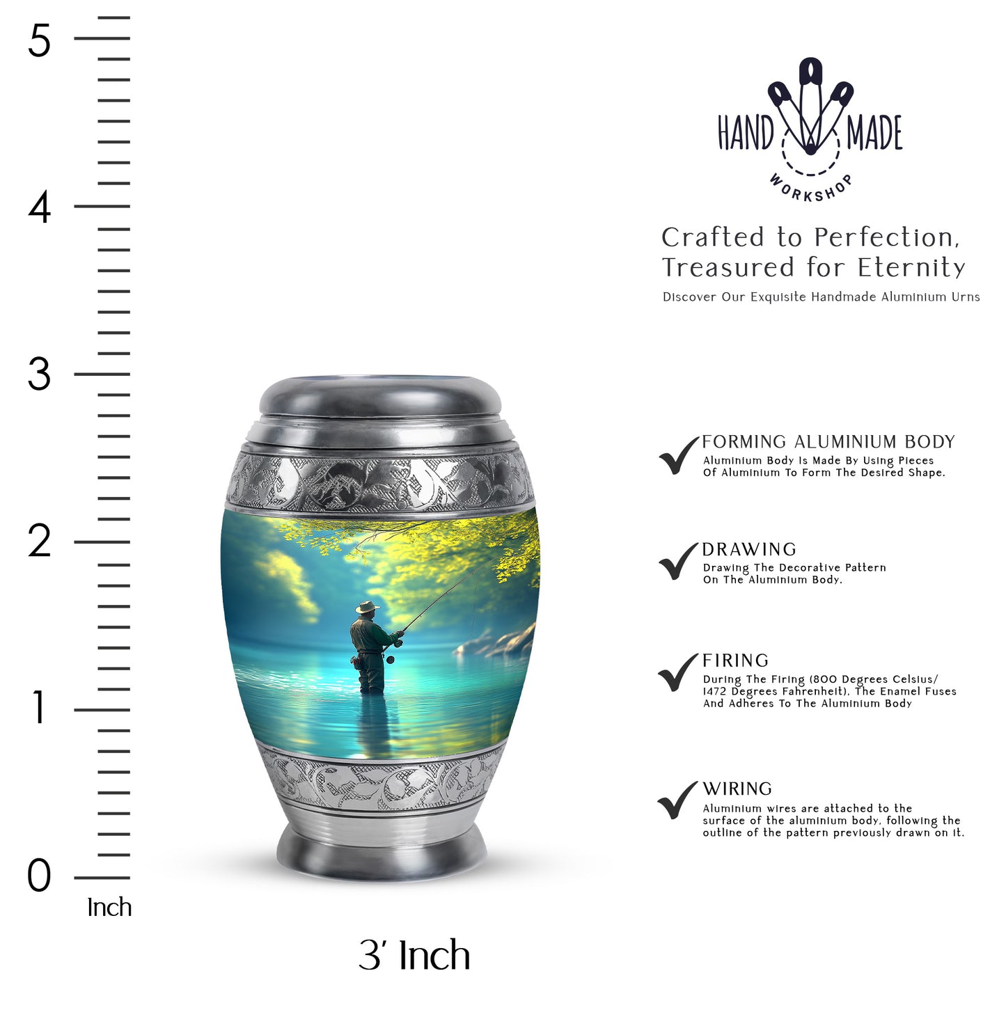 Ocean Teal Fishing Cremation Urn lifestyle display on memorial shelf - ornate monarch-style fishing relief on brushed aluminum - mini keepsake memorial for portion of cremation ashes