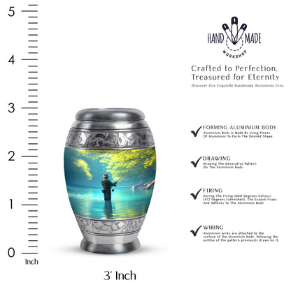 Ocean Teal Fishing Cremation Urn lifestyle display on memorial shelf - ornate monarch-style fishing relief on brushed aluminum - mini keepsake memorial for portion of cremation ashes