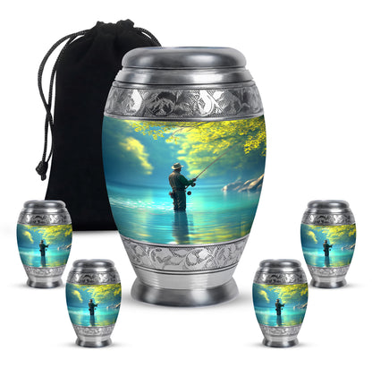Jewel Teal Fishing Cremation Urn detail view - ornate monarch-style fishing relief on brushed aluminum - memorial set with one large and four small urns