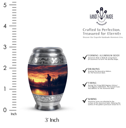Violet Purple Fishing Cremation Urn lifestyle display on memorial shelf - majestic fishing pattern with filigree border - mini keepsake memorial for portion of cremation ashes