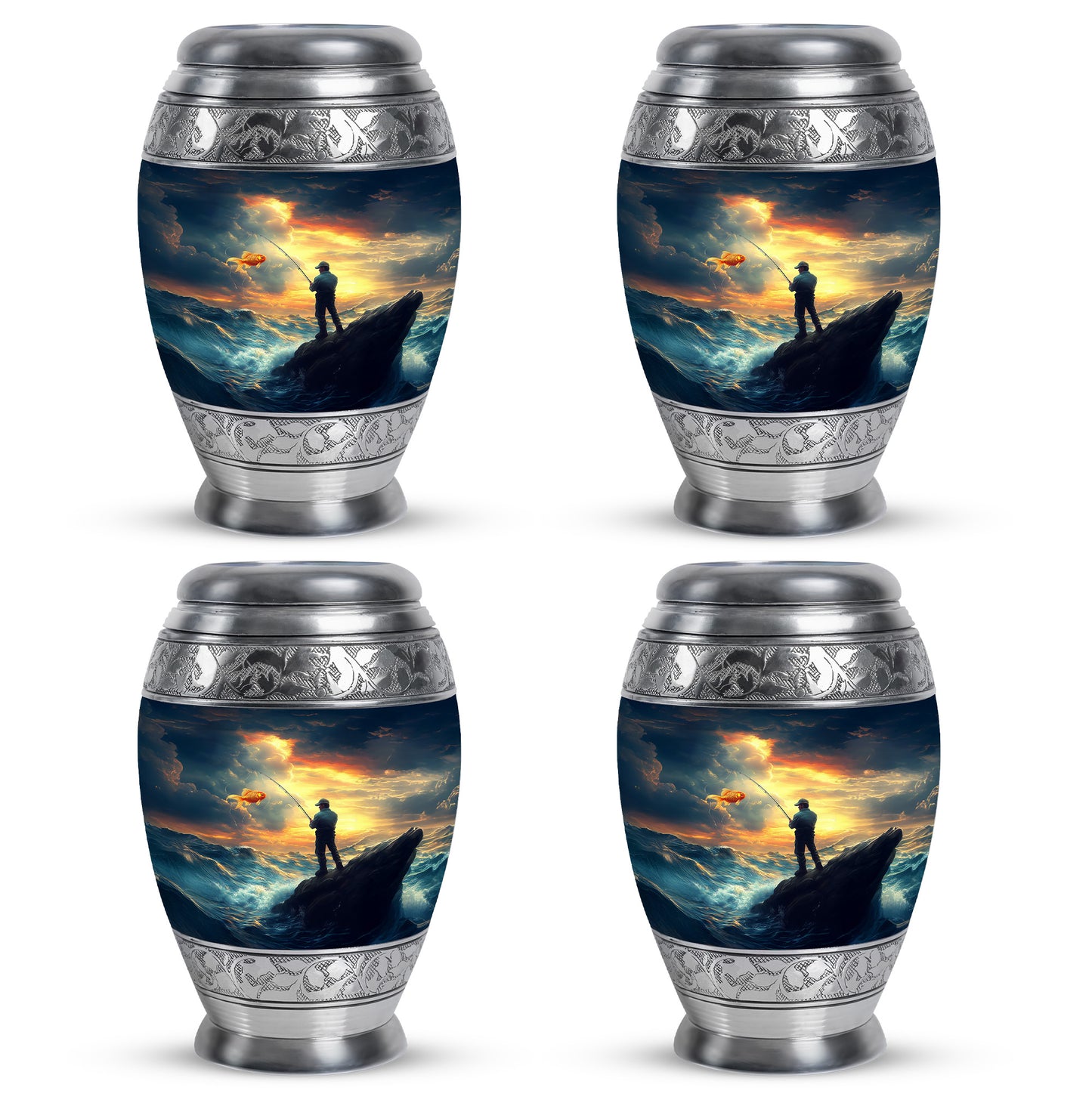Calming Blue Fishing Cremation Urn urn with complimentary velvet bag - royal fishing engraving with decorative scrollwork - 10 inch aluminum urn for cremated remains