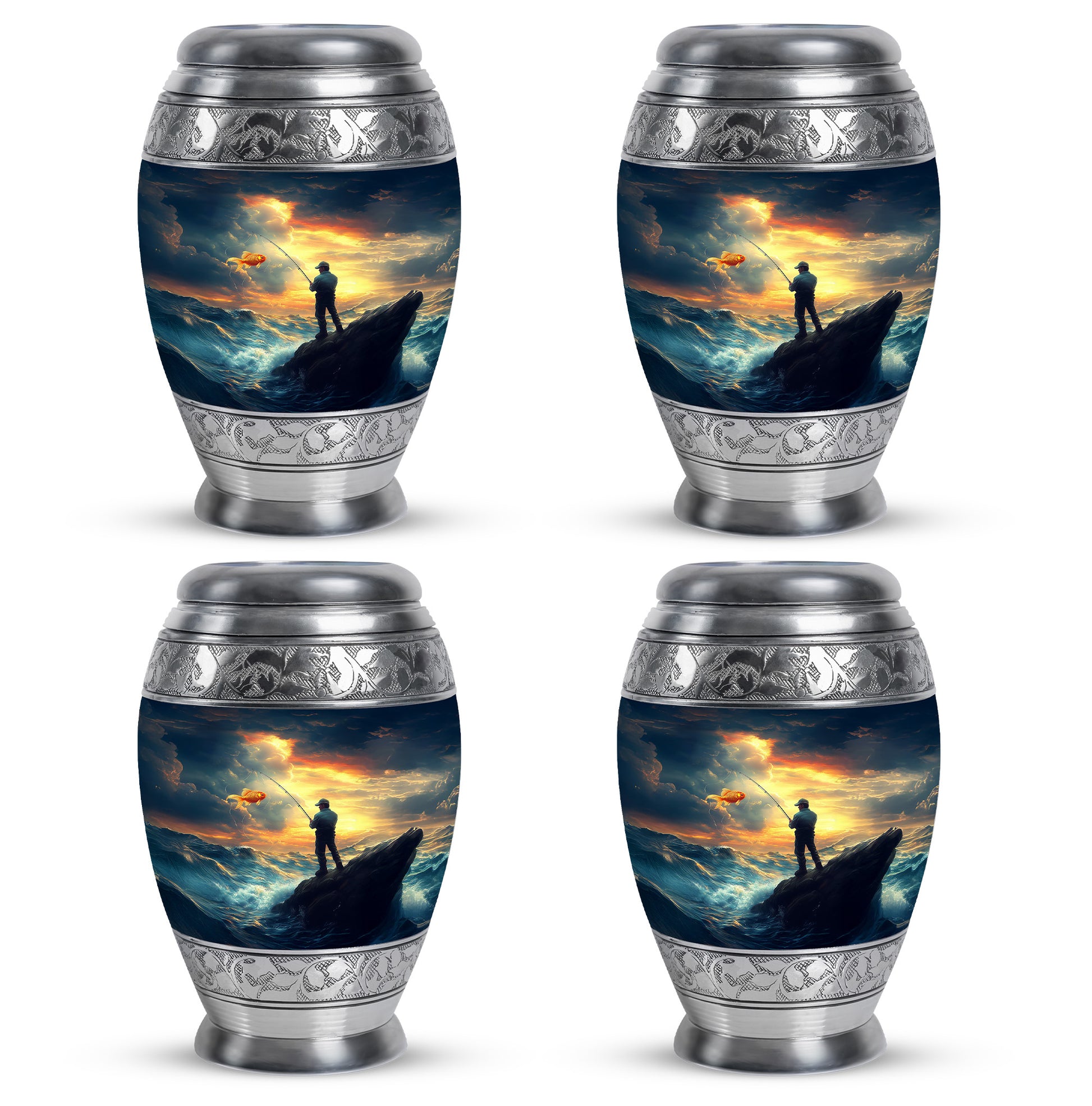 Calming Blue Fishing Cremation Urn urn with complimentary velvet bag - royal fishing engraving with decorative scrollwork - 10 inch aluminum urn for cremated remains