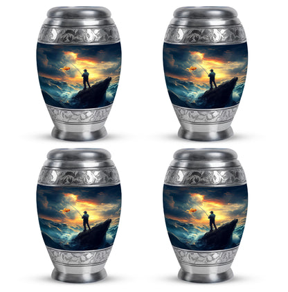 Calming Blue Fishing Cremation Urn urn with complimentary velvet bag - royal fishing engraving with decorative scrollwork - 10 inch aluminum urn for cremated remains