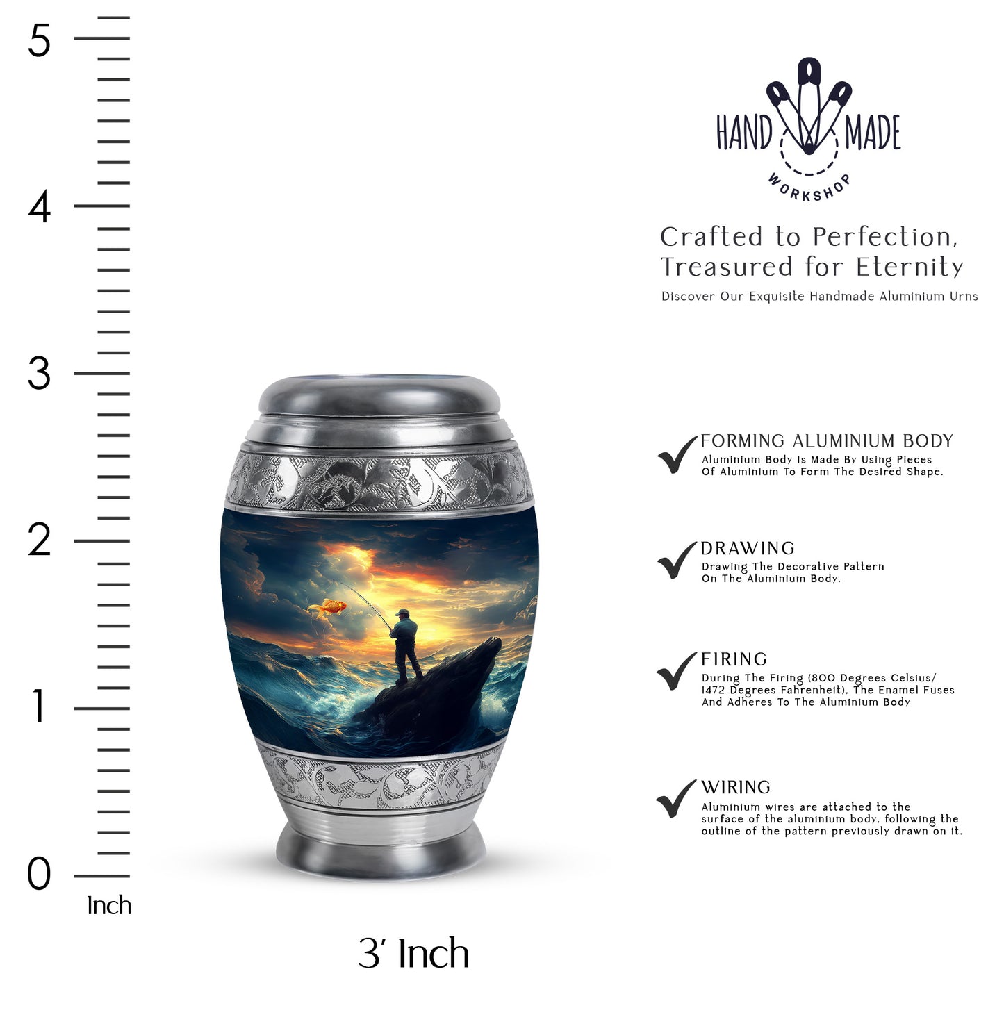 Royal Blue Fishing Cremation Urn lifestyle display on memorial shelf - royal fishing engraving with decorative scrollwork - mini keepsake memorial for portion of cremation ashes