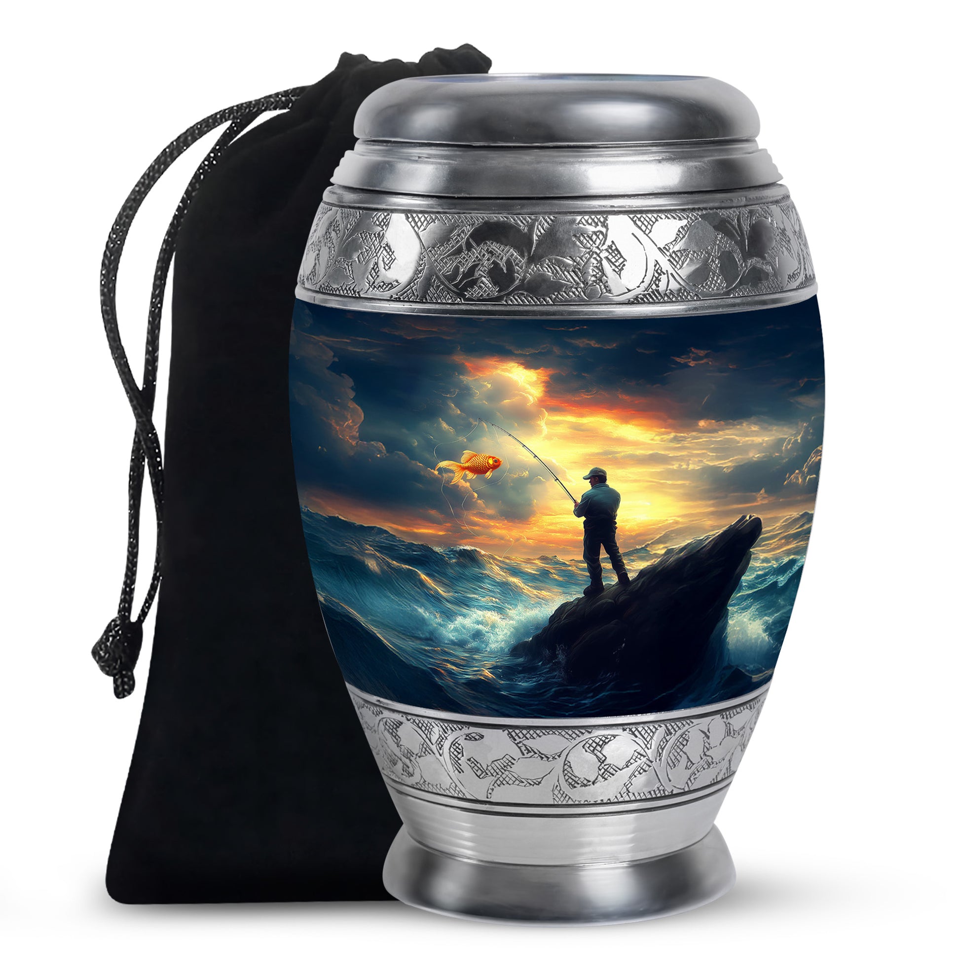 Misty Blue Fishing Cremation Urn back view with polished surface - ornate monarch-style fishing relief on brushed aluminum - full-size 10 inch 200 cubic inch adult cremation urn
