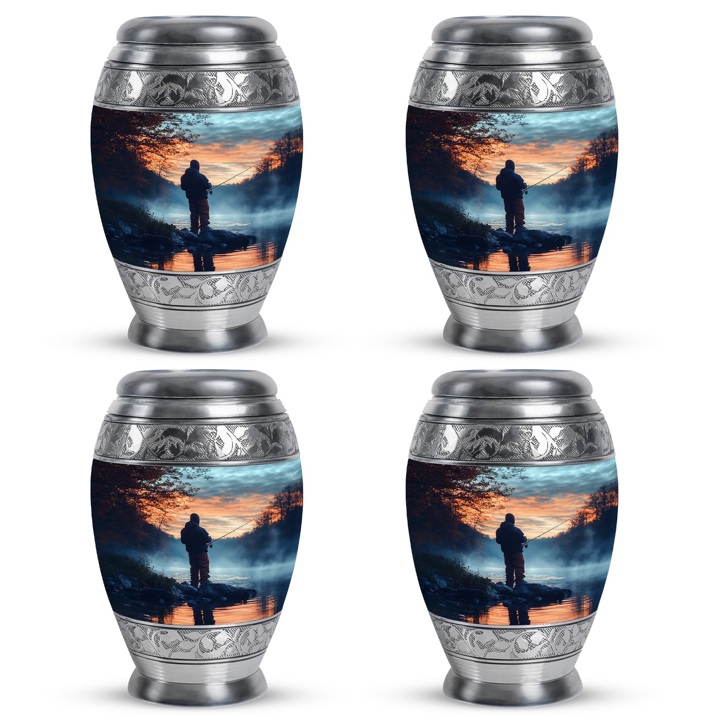 Misty Blue Fishing Cremation Urn urn with complimentary velvet bag - regal fishing design with crown-inspired accents - 10 inch aluminum urn for cremated remains