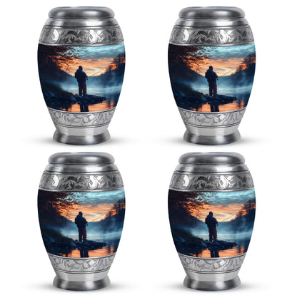 Misty Blue Fishing Cremation Urn urn with complimentary velvet bag - regal fishing design with crown-inspired accents - 10 inch aluminum urn for cremated remains