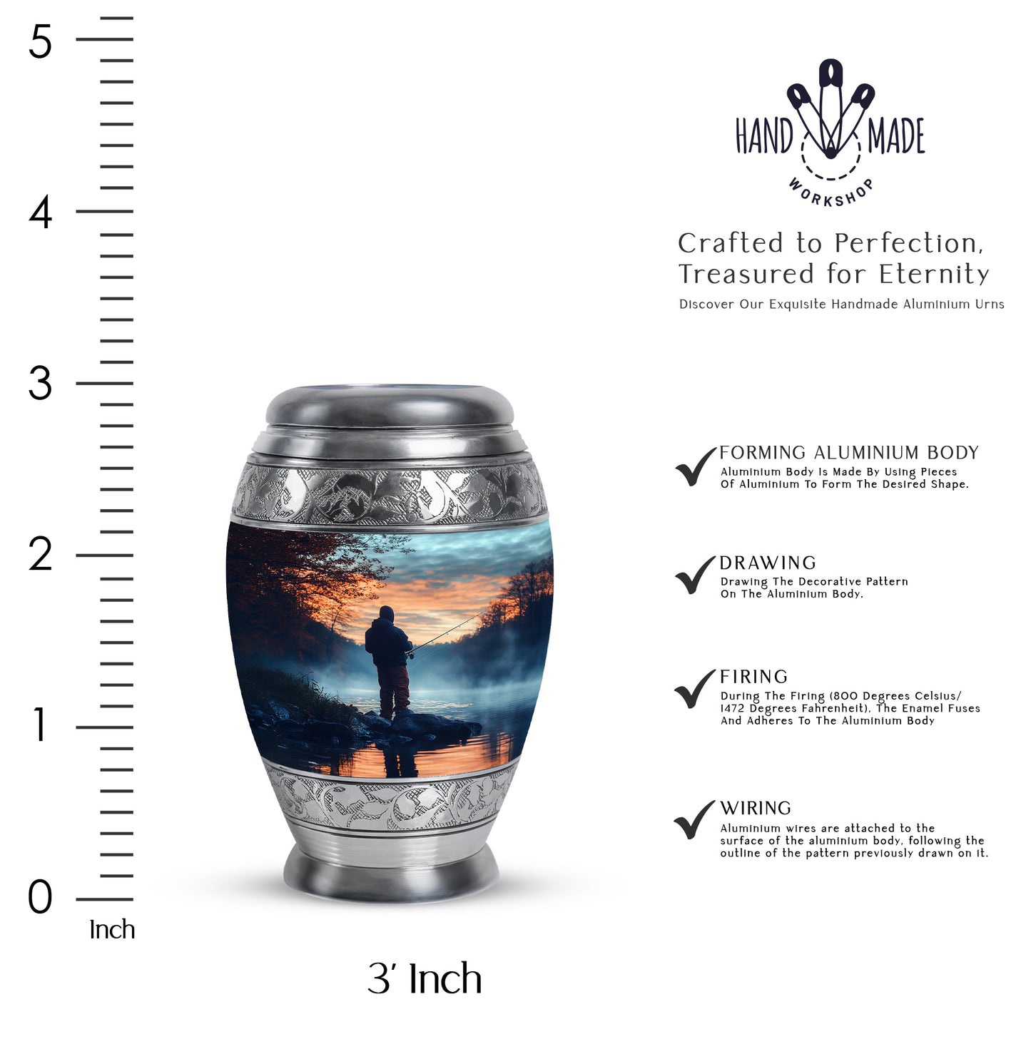 Azure Fishing Cremation Urn lifestyle display on memorial shelf - regal fishing design with crown-inspired accents - mini keepsake memorial for portion of cremation ashes