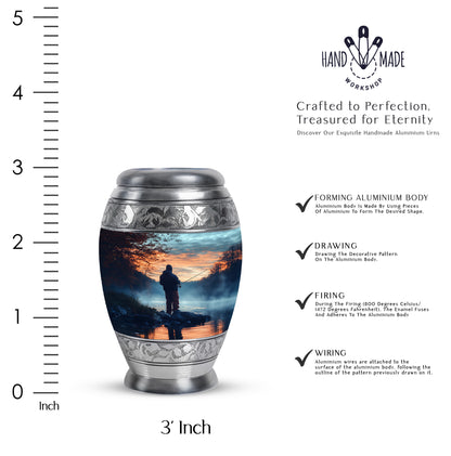 Azure Fishing Cremation Urn lifestyle display on memorial shelf - regal fishing design with crown-inspired accents - mini keepsake memorial for portion of cremation ashes