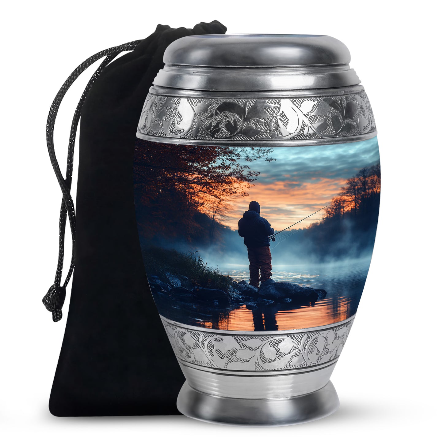 Sapphire Blue Fishing Cremation Urn back view with polished surface - majestic fishing pattern with filigree border - full-size 10 inch 200 cubic inch adult cremation urn