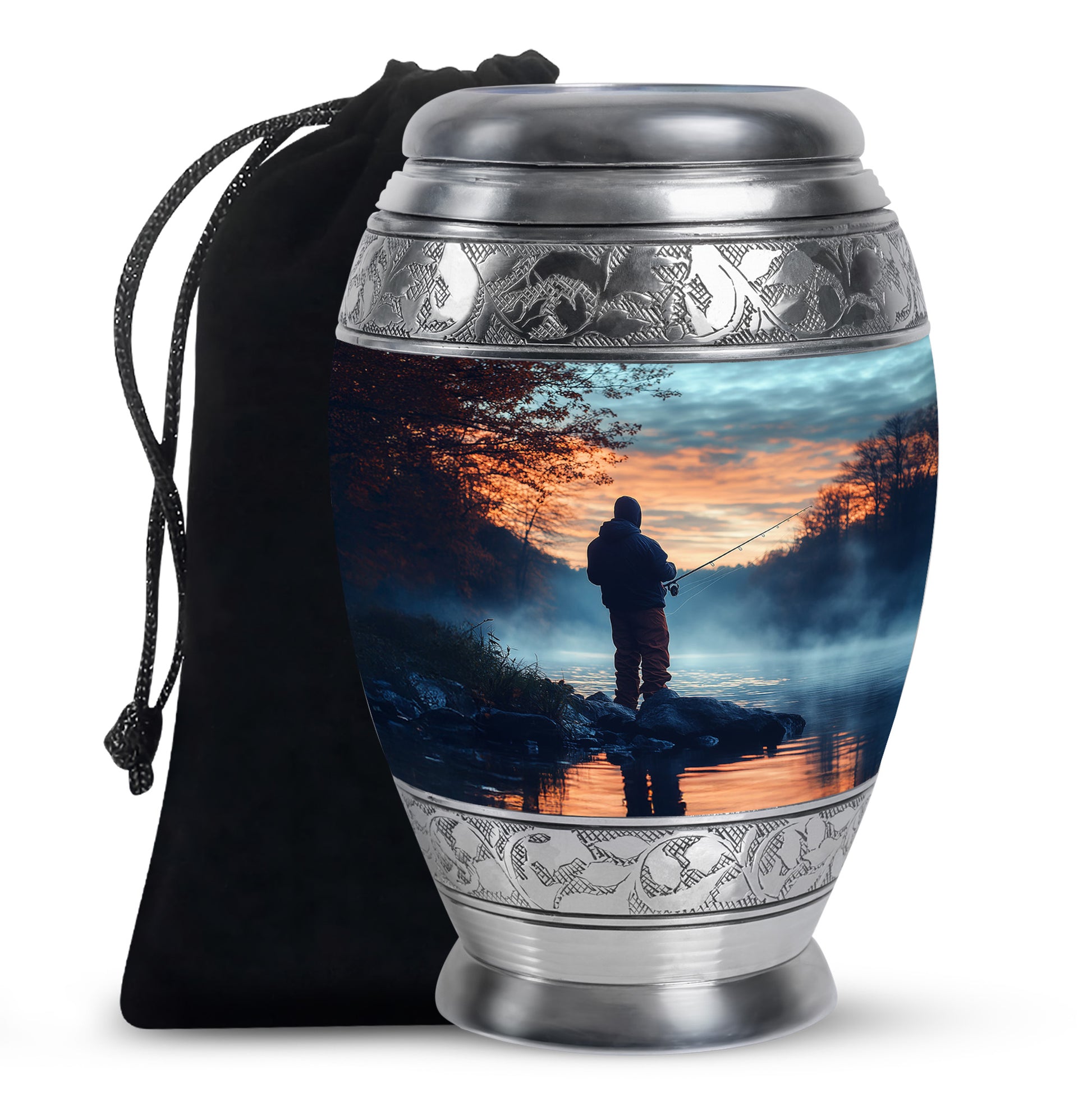 Sapphire Blue Fishing Cremation Urn back view with polished surface - majestic fishing pattern with filigree border - full-size 10 inch 200 cubic inch adult cremation urn