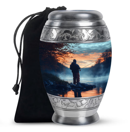Sapphire Blue Fishing Cremation Urn back view with polished surface - majestic fishing pattern with filigree border - full-size 10 inch 200 cubic inch adult cremation urn