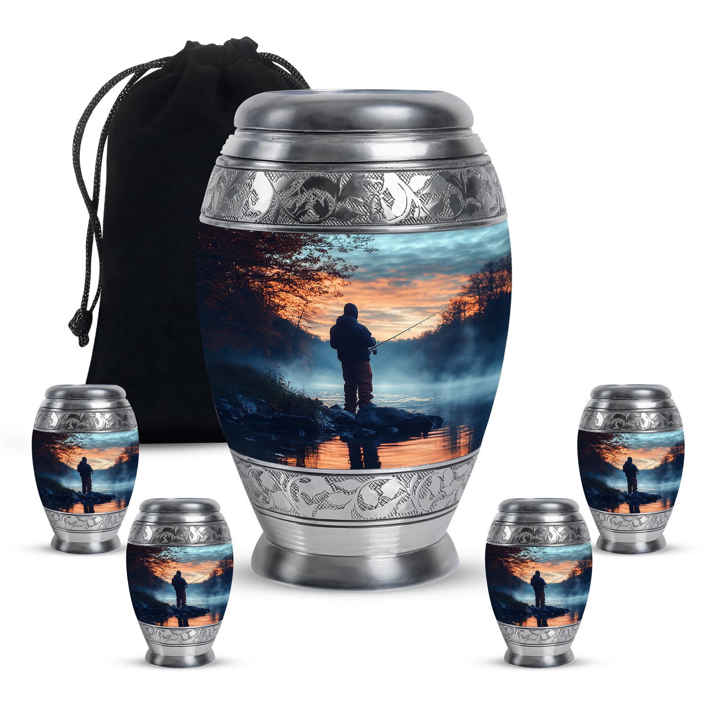 Pastel Blue Fishing Cremation Urn detail view - regal fishing design with crown-inspired accents - memorial set with one large and four small urns