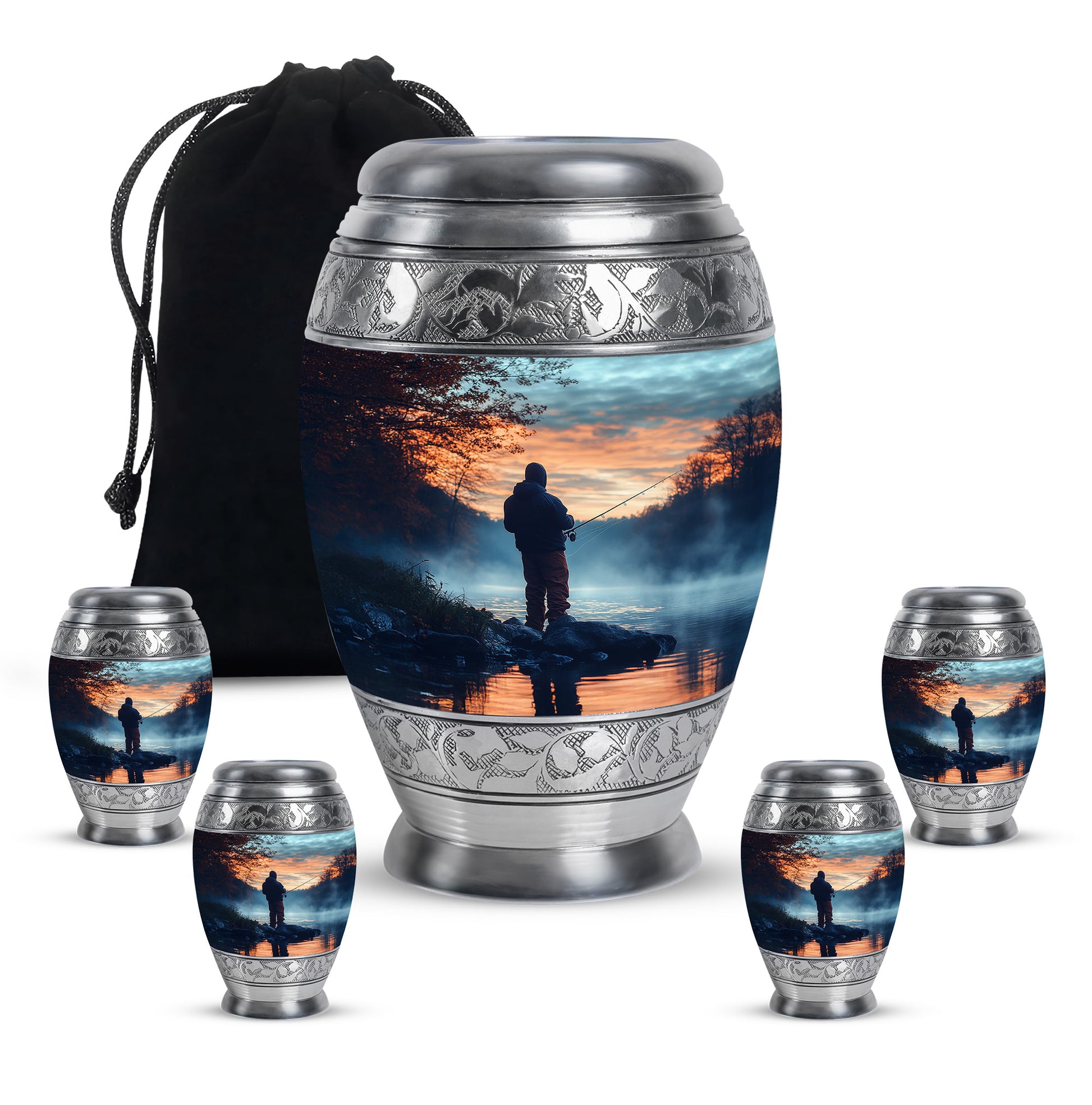 Pastel Blue Fishing Cremation Urn detail view - regal fishing design with crown-inspired accents - memorial set with one large and four small urns