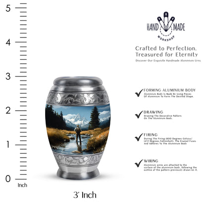 Powder Blue Fishing Cremation Urn lifestyle display on memorial shelf - regal fishing design with crown-inspired accents - mini keepsake memorial for portion of cremation ashes