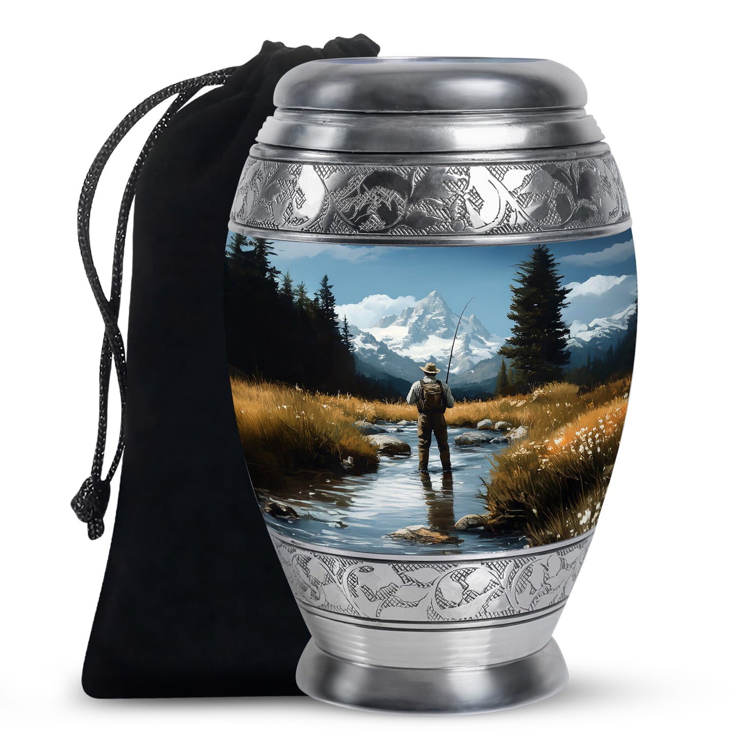 Vivid Blue Fishing Cremation Urn back view with polished surface - royal fishing engraving with decorative scrollwork - full-size 10 inch 200 cubic inch adult cremation urn