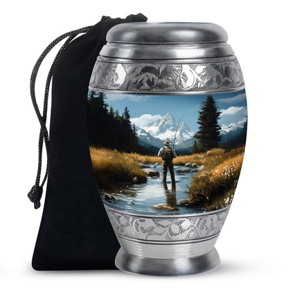 Vivid Blue Fishing Cremation Urn back view with polished surface - royal fishing engraving with decorative scrollwork - full-size 10 inch 200 cubic inch adult cremation urn