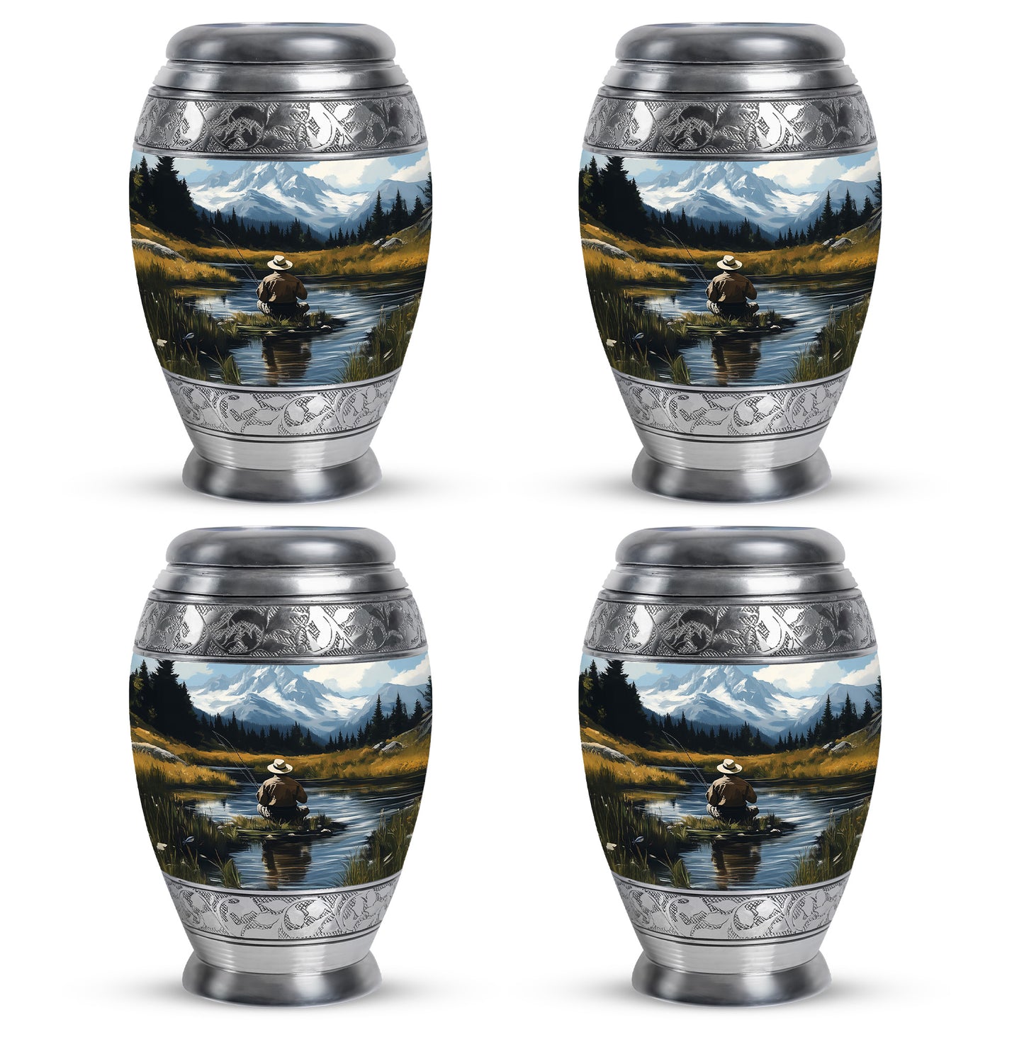 Sky Blue Fishing Cremation Urn urn with complimentary velvet bag - regal fishing design with crown-inspired accents - 10 inch aluminum urn for cremated remains