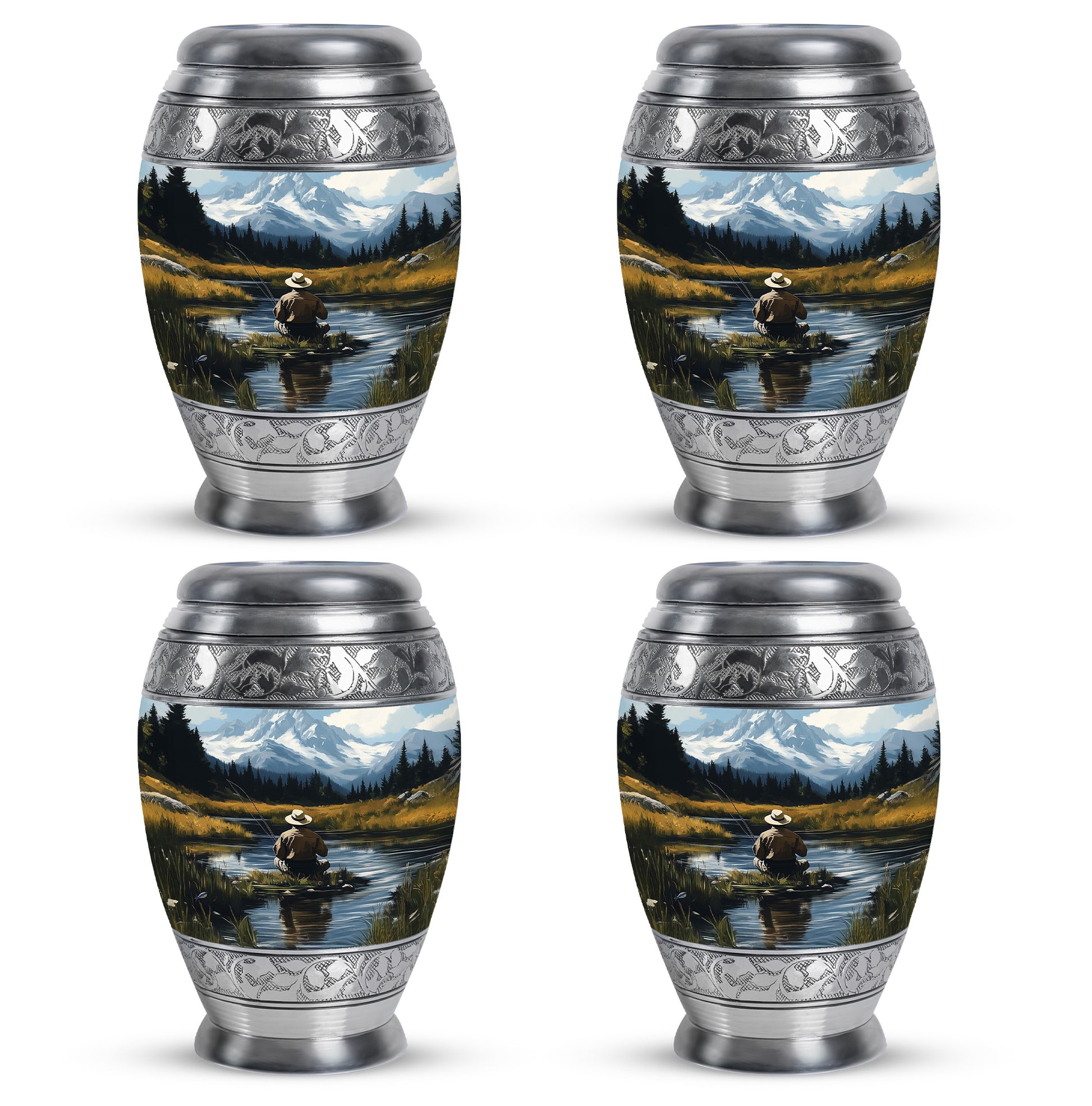 Sky Blue Fishing Cremation Urn urn with complimentary velvet bag - regal fishing design with crown-inspired accents - 10 inch aluminum urn for cremated remains