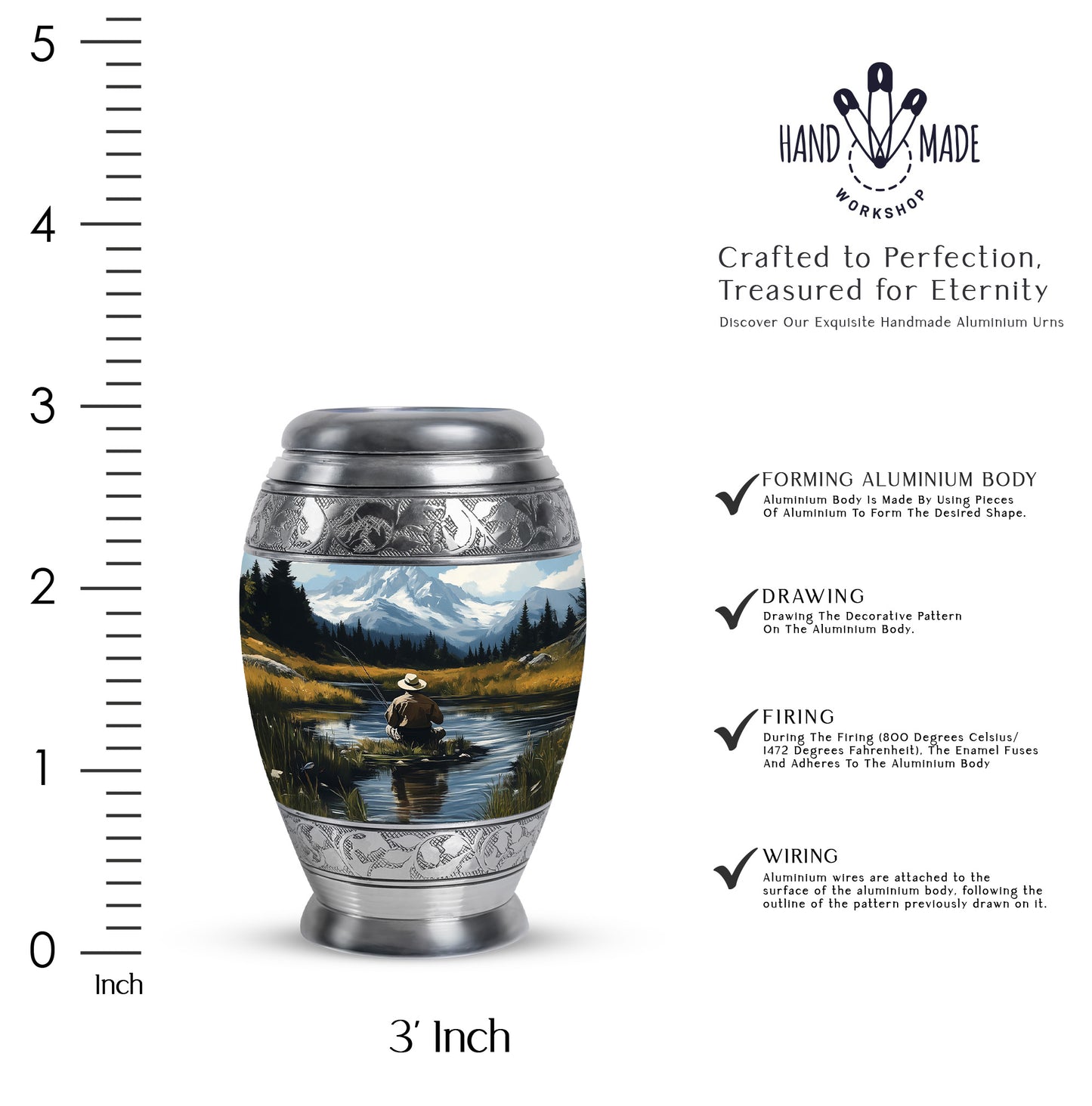 Slate Blue Fishing Cremation Urn lifestyle display on memorial shelf - regal fishing design with crown-inspired accents - mini keepsake memorial for portion of cremation ashes