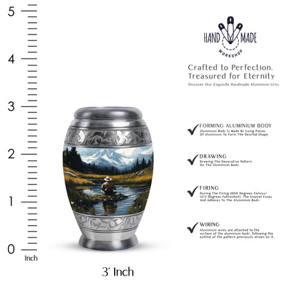 Slate Blue Fishing Cremation Urn lifestyle display on memorial shelf - regal fishing design with crown-inspired accents - mini keepsake memorial for portion of cremation ashes