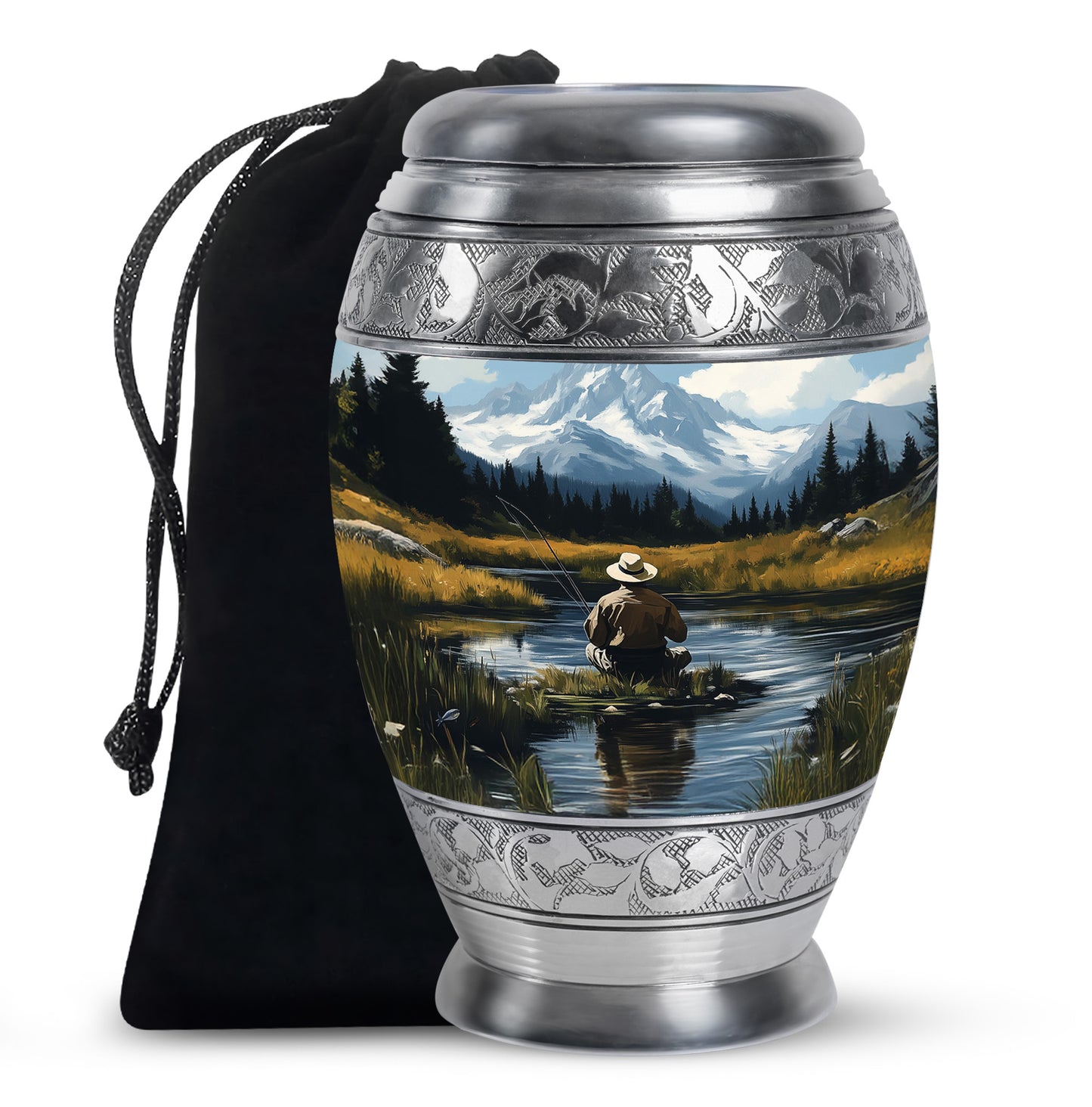 Serene Blue Fishing Cremation Urn back view with polished surface - majestic fishing pattern with filigree border - full-size 10 inch 200 cubic inch adult cremation urn