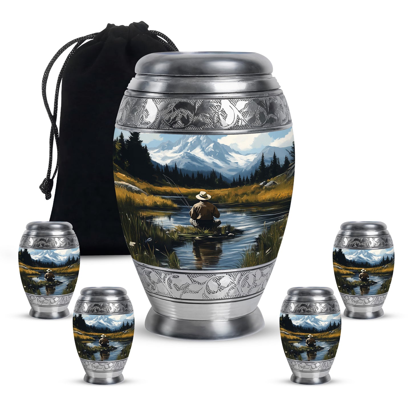 Powder Blue Fishing Cremation Urn detail view - ornate monarch-style fishing relief on brushed aluminum - memorial set with one large and four small urns
