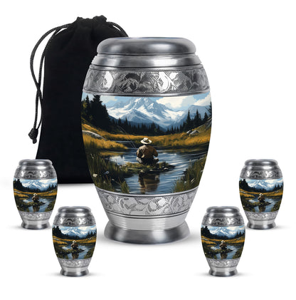 Powder Blue Fishing Cremation Urn detail view - ornate monarch-style fishing relief on brushed aluminum - memorial set with one large and four small urns