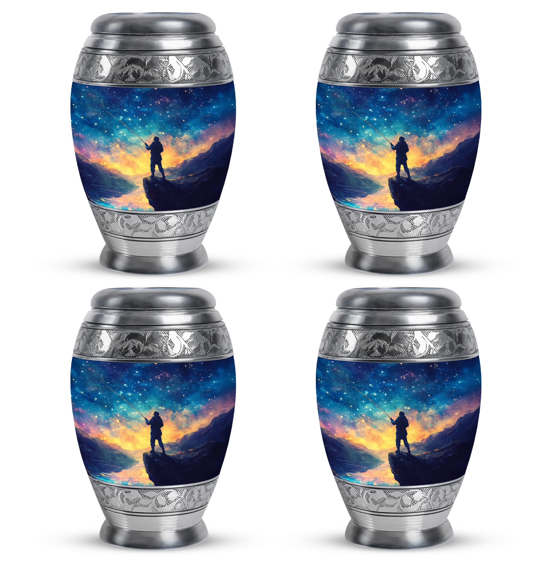 Sky Blue Fishing Cremation Urn urn with complimentary velvet bag - ornate monarch-style fishing relief on brushed aluminum - 10 inch aluminum urn for cremated remains