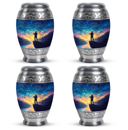 Sky Blue Fishing Cremation Urn urn with complimentary velvet bag - ornate monarch-style fishing relief on brushed aluminum - 10 inch aluminum urn for cremated remains