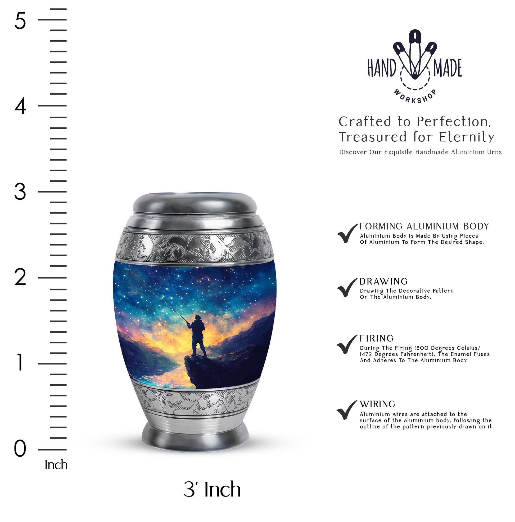 Calming Blue Fishing Cremation Urn lifestyle display on memorial shelf - royal fishing engraving with decorative scrollwork - mini keepsake memorial for portion of cremation ashes