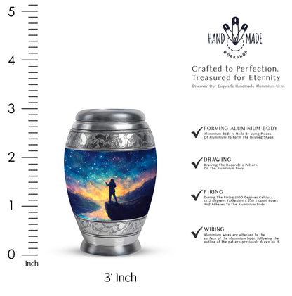 Calming Blue Fishing Cremation Urn lifestyle display on memorial shelf - royal fishing engraving with decorative scrollwork - mini keepsake memorial for portion of cremation ashes