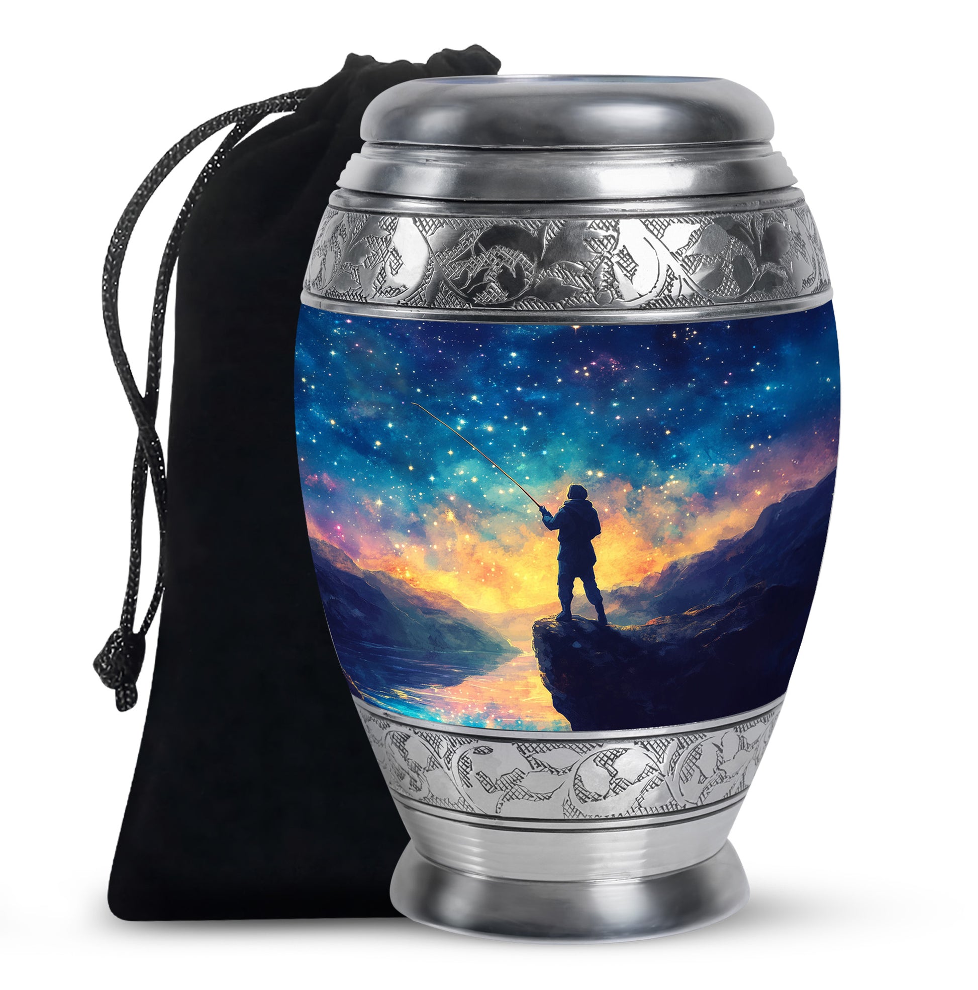 Indigo Fishing Cremation Urn back view with polished surface - ornate monarch-style fishing relief on brushed aluminum - full-size 10 inch 200 cubic inch adult cremation urn