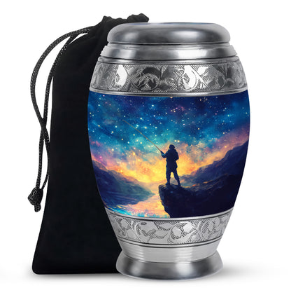 Indigo Fishing Cremation Urn back view with polished surface - ornate monarch-style fishing relief on brushed aluminum - full-size 10 inch 200 cubic inch adult cremation urn