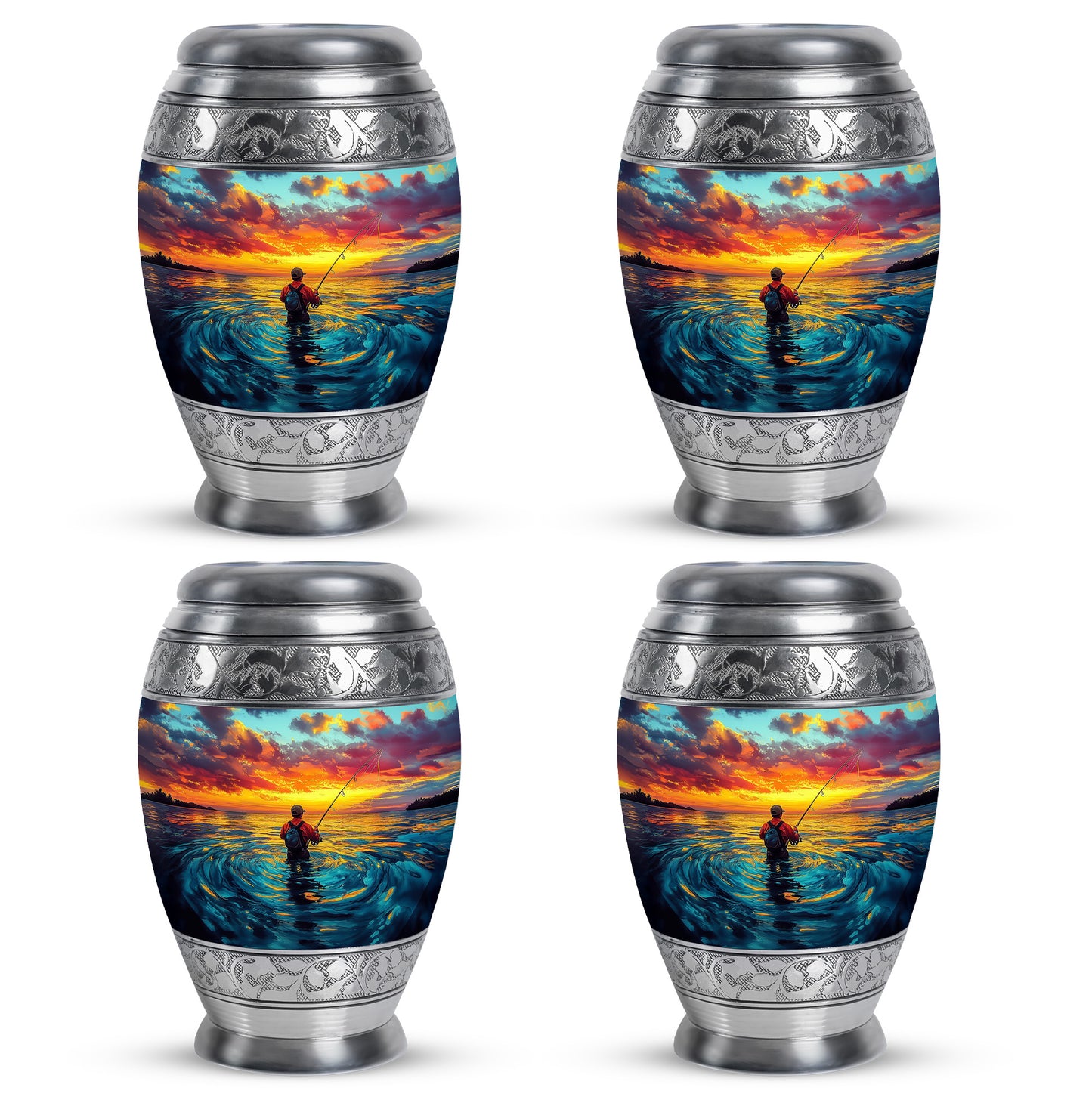 Jewel Teal Fishing Cremation Urn urn with complimentary velvet bag - ornate monarch-style fishing relief on brushed aluminum - 10 inch aluminum urn for cremated remains