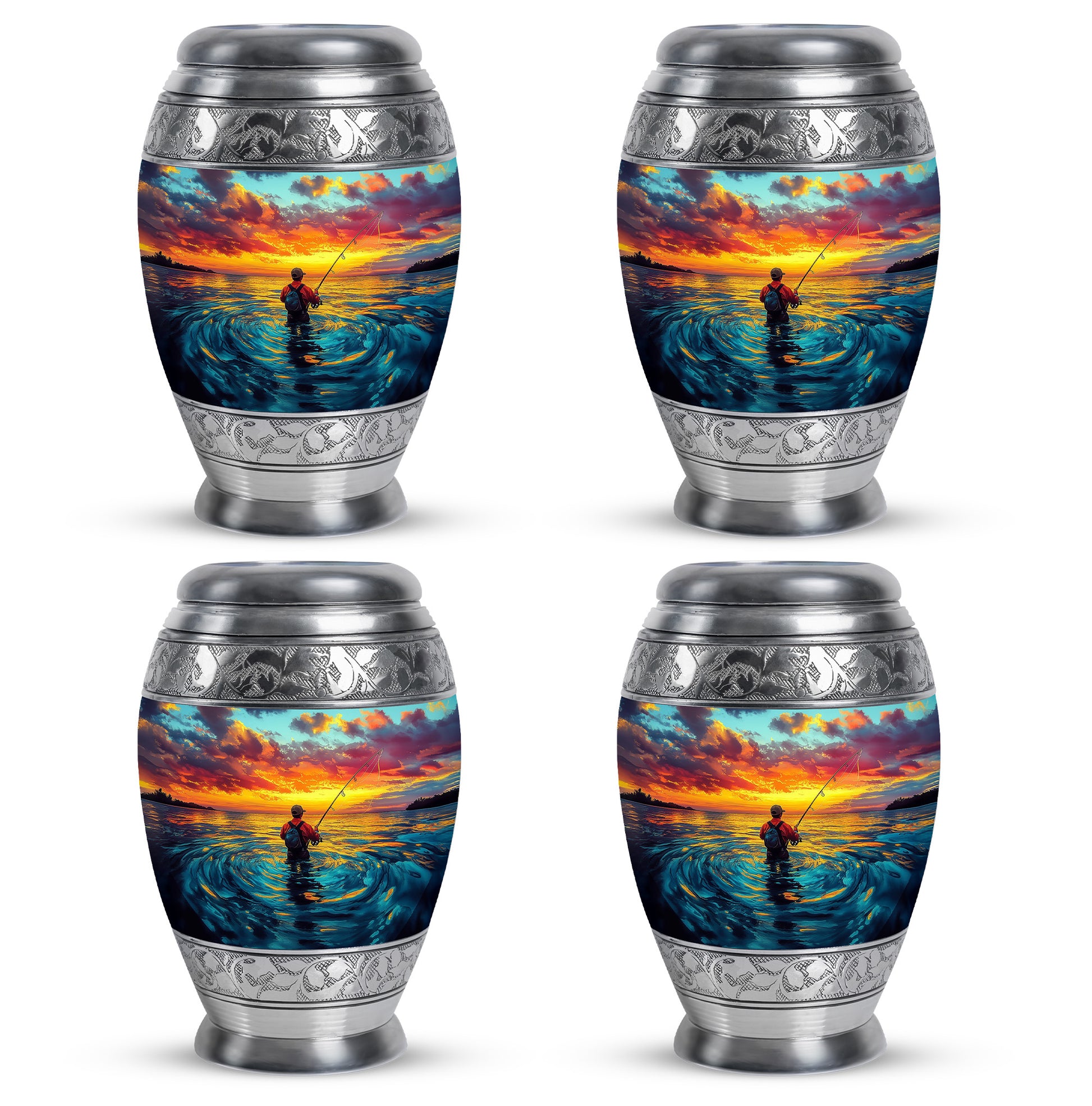 Jewel Teal Fishing Cremation Urn urn with complimentary velvet bag - ornate monarch-style fishing relief on brushed aluminum - 10 inch aluminum urn for cremated remains