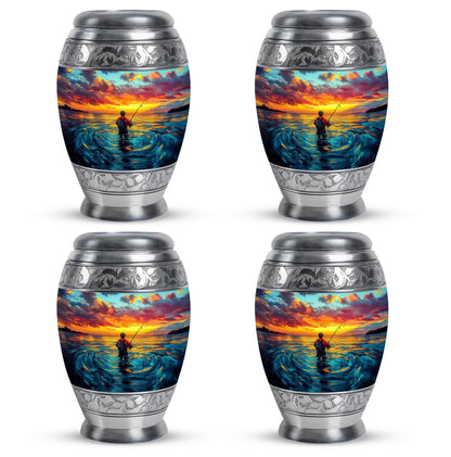 Jewel Teal Fishing Cremation Urn urn with complimentary velvet bag - ornate monarch-style fishing relief on brushed aluminum - 10 inch aluminum urn for cremated remains