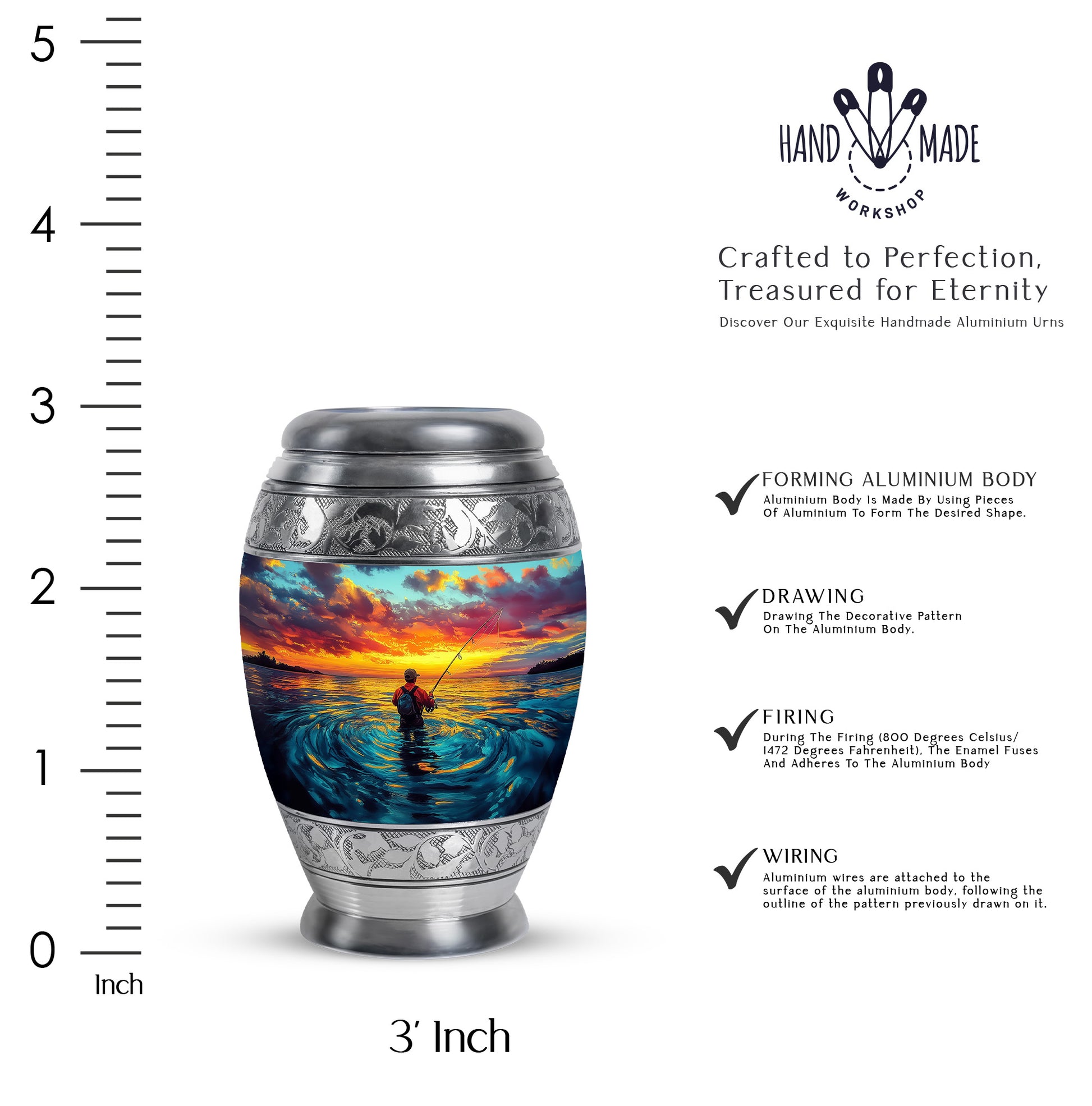 Mystic Teal Fishing Cremation Urn lifestyle display on memorial shelf - royal fishing engraving with decorative scrollwork - mini keepsake memorial for portion of cremation ashes