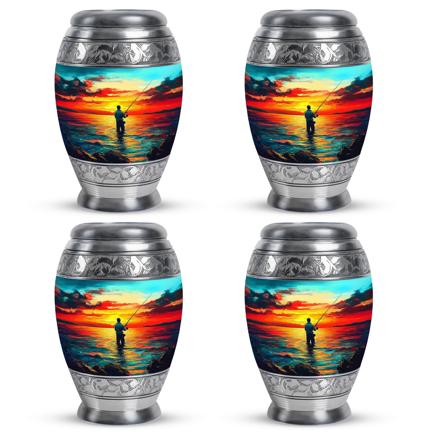 Sea Green Teal Fishing Cremation Urn urn with complimentary velvet bag - ornate monarch-style fishing relief on brushed aluminum - 10 inch aluminum urn for cremated remains