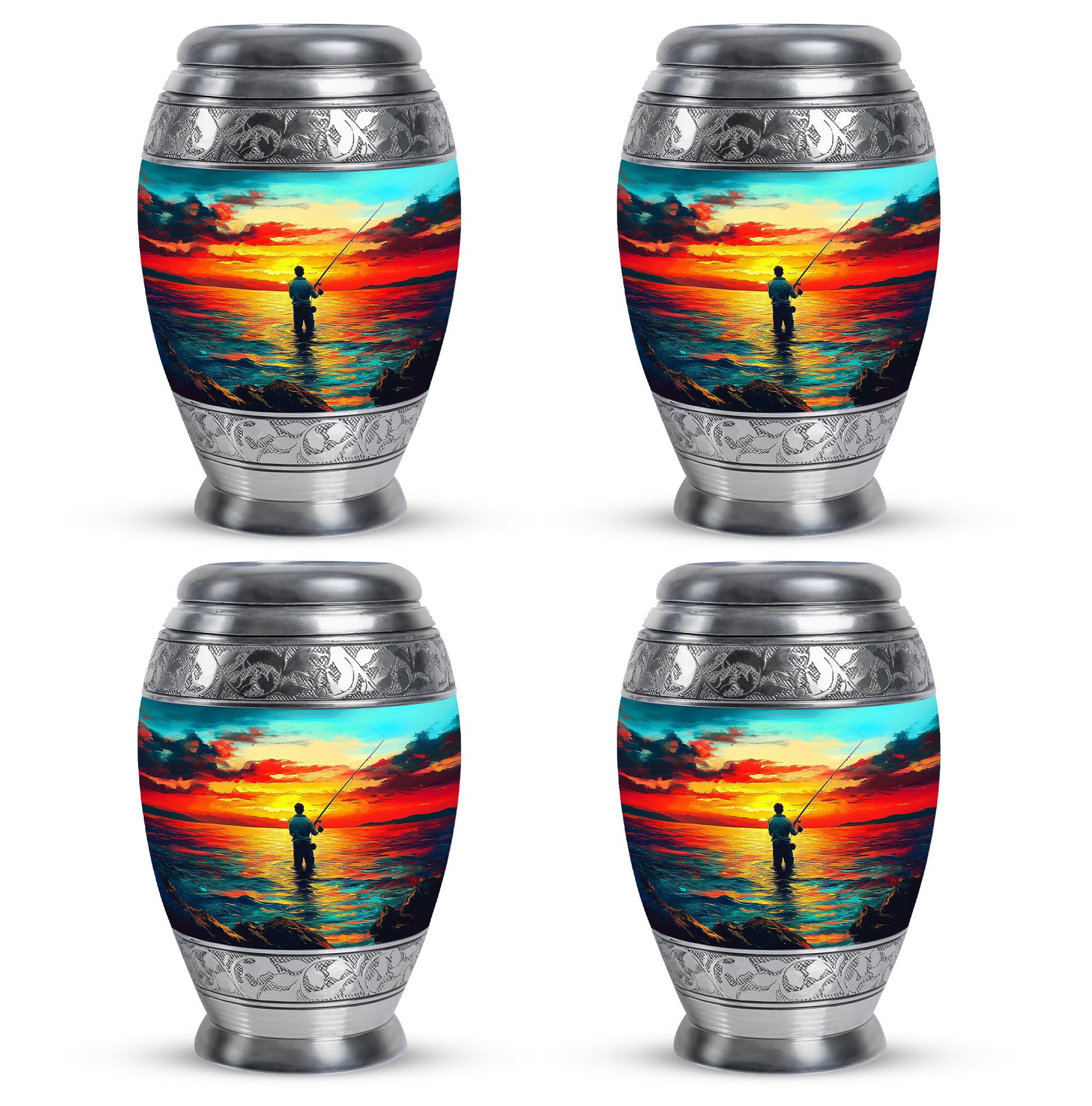 Sea Green Teal Fishing Cremation Urn urn with complimentary velvet bag - ornate monarch-style fishing relief on brushed aluminum - 10 inch aluminum urn for cremated remains