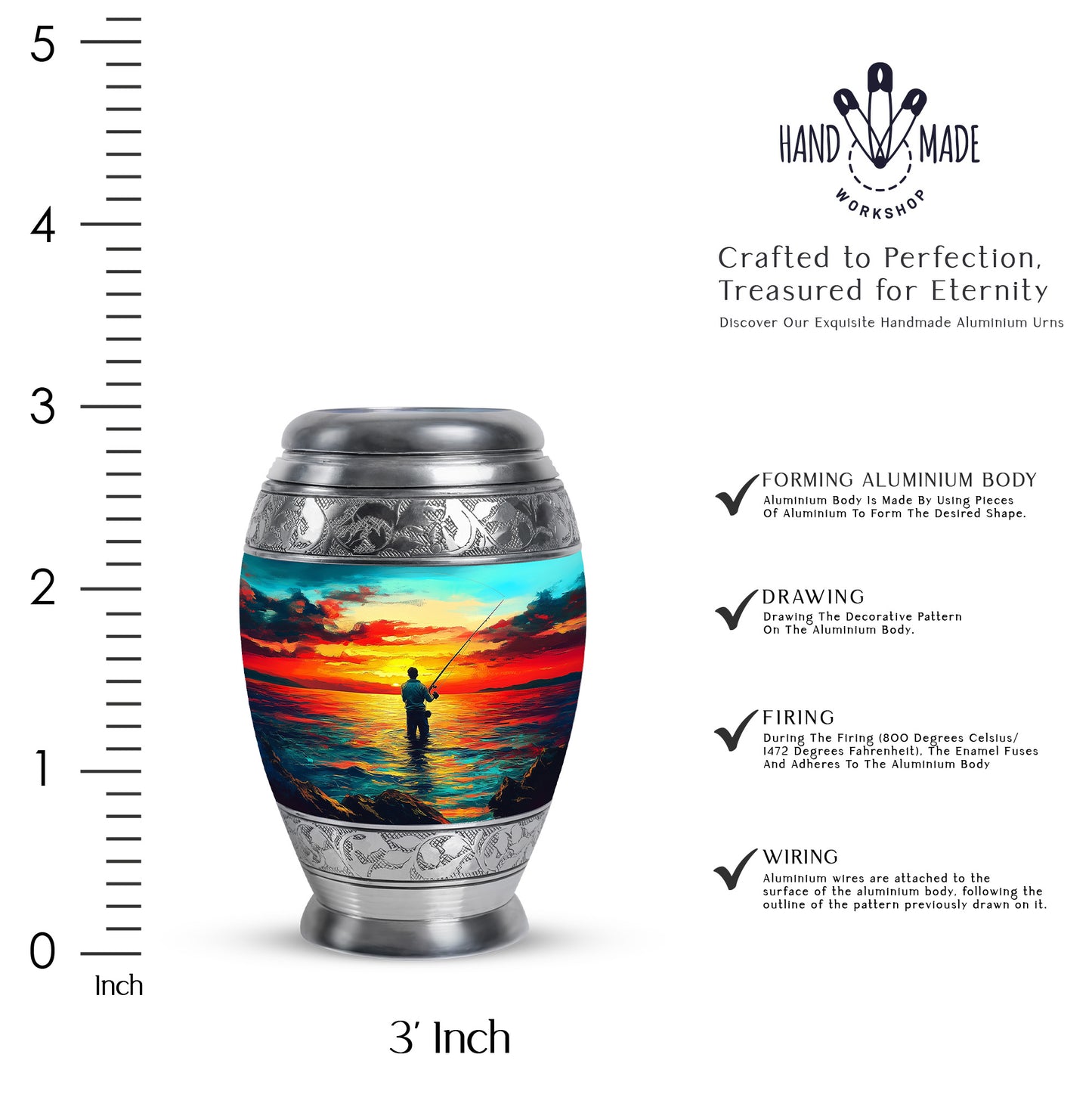 Ocean Teal Fishing Cremation Urn lifestyle display on memorial shelf - regal fishing design with crown-inspired accents - mini keepsake memorial for portion of cremation ashes
