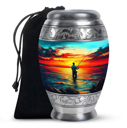 Deep Teal Fishing Cremation Urn back view with polished surface - majestic fishing pattern with filigree border - full-size 10 inch 200 cubic inch adult cremation urn