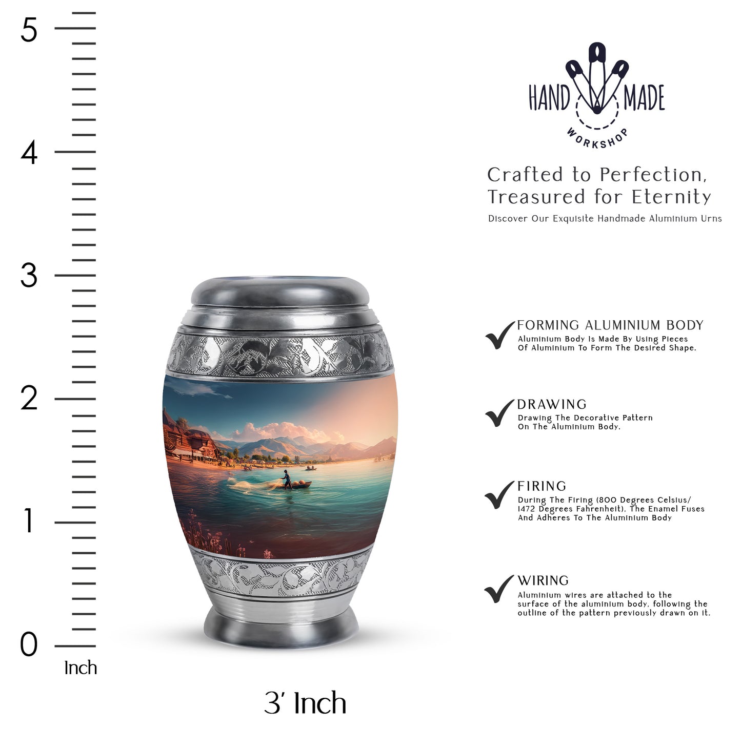 Soft Blue Fishing Cremation Urn lifestyle display on memorial shelf - royal fishing engraving with decorative scrollwork - mini keepsake memorial for portion of cremation ashes