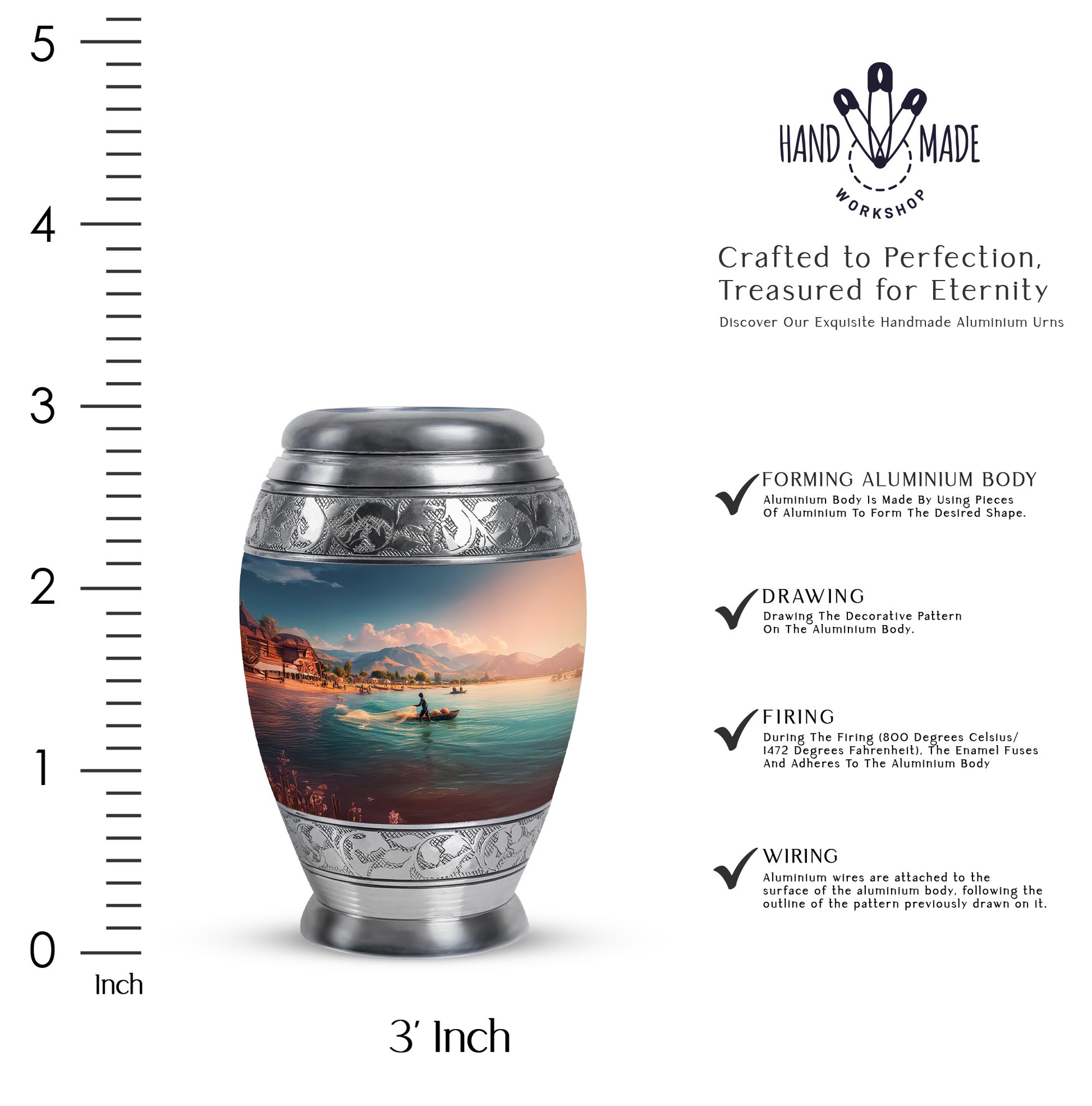Soft Blue Fishing Cremation Urn lifestyle display on memorial shelf - royal fishing engraving with decorative scrollwork - mini keepsake memorial for portion of cremation ashes