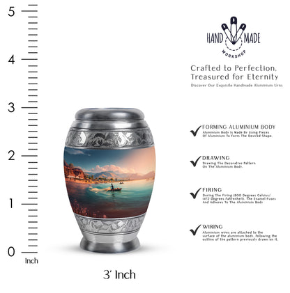 Soft Blue Fishing Cremation Urn lifestyle display on memorial shelf - royal fishing engraving with decorative scrollwork - mini keepsake memorial for portion of cremation ashes