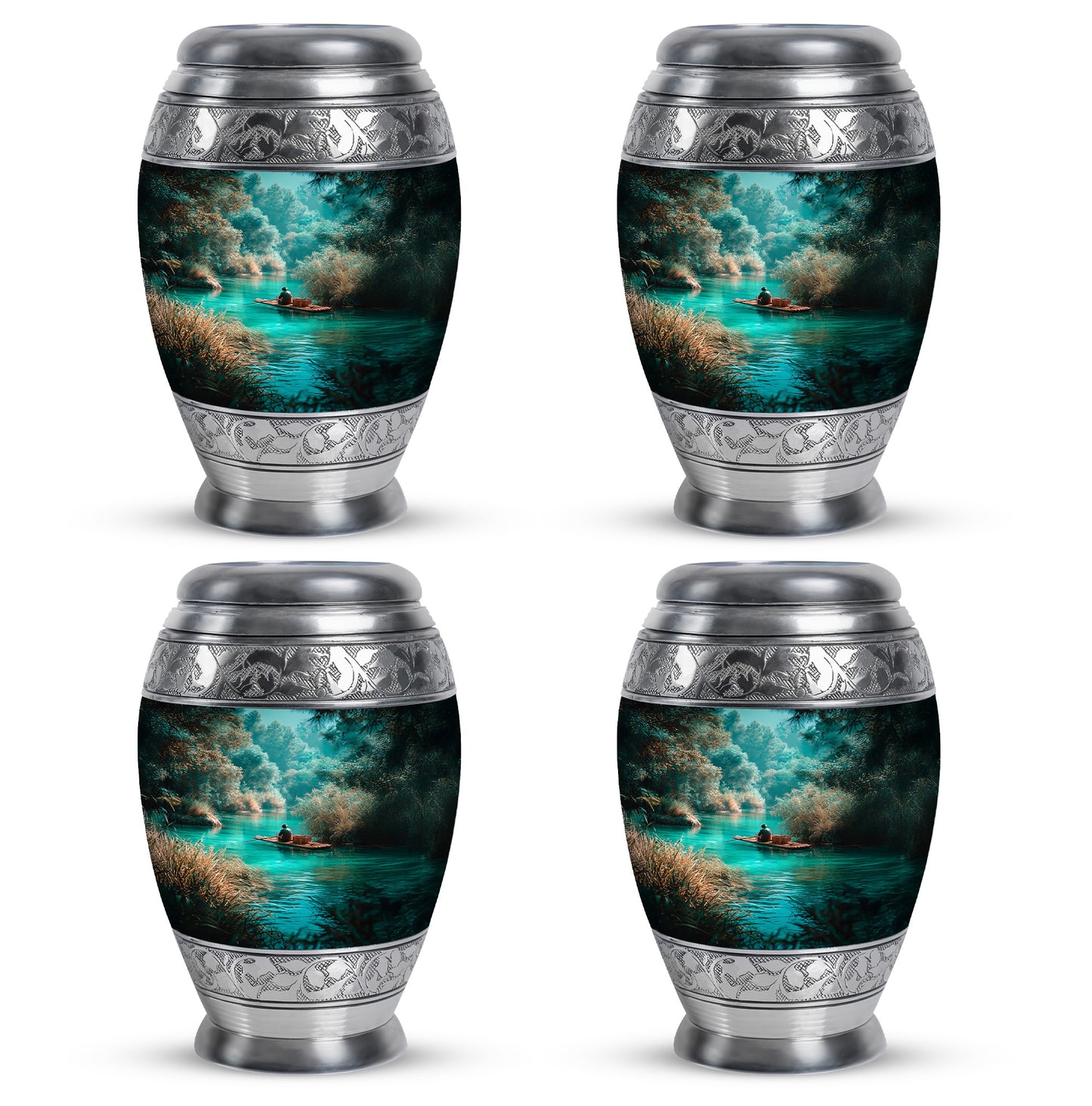 Sea Green Teal Fishing Cremation Urn urn with complimentary velvet bag - ornate monarch-style fishing relief on brushed aluminum - 10 inch aluminum urn for cremated remains