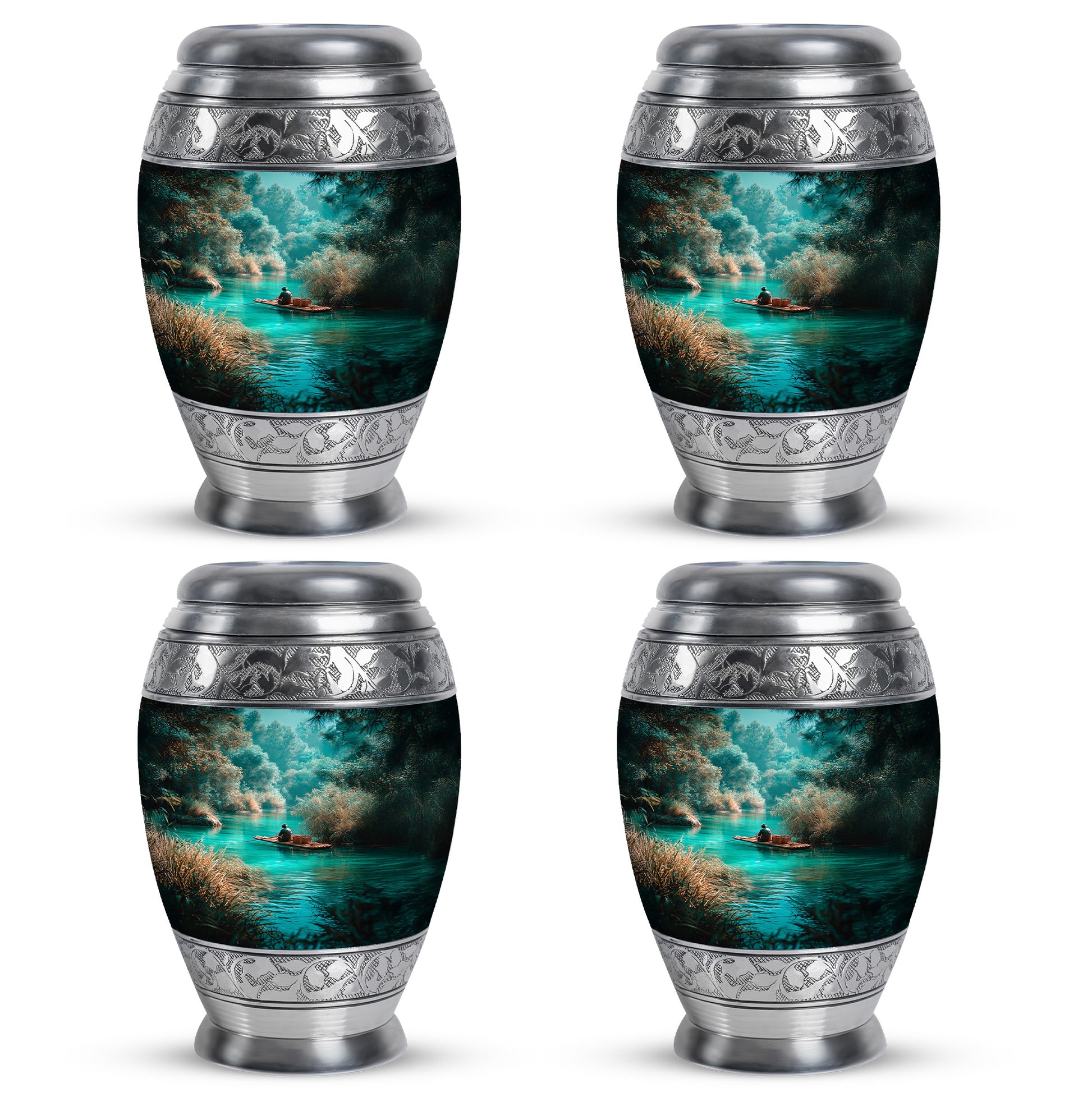 Sea Green Teal Fishing Cremation Urn urn with complimentary velvet bag - ornate monarch-style fishing relief on brushed aluminum - 10 inch aluminum urn for cremated remains